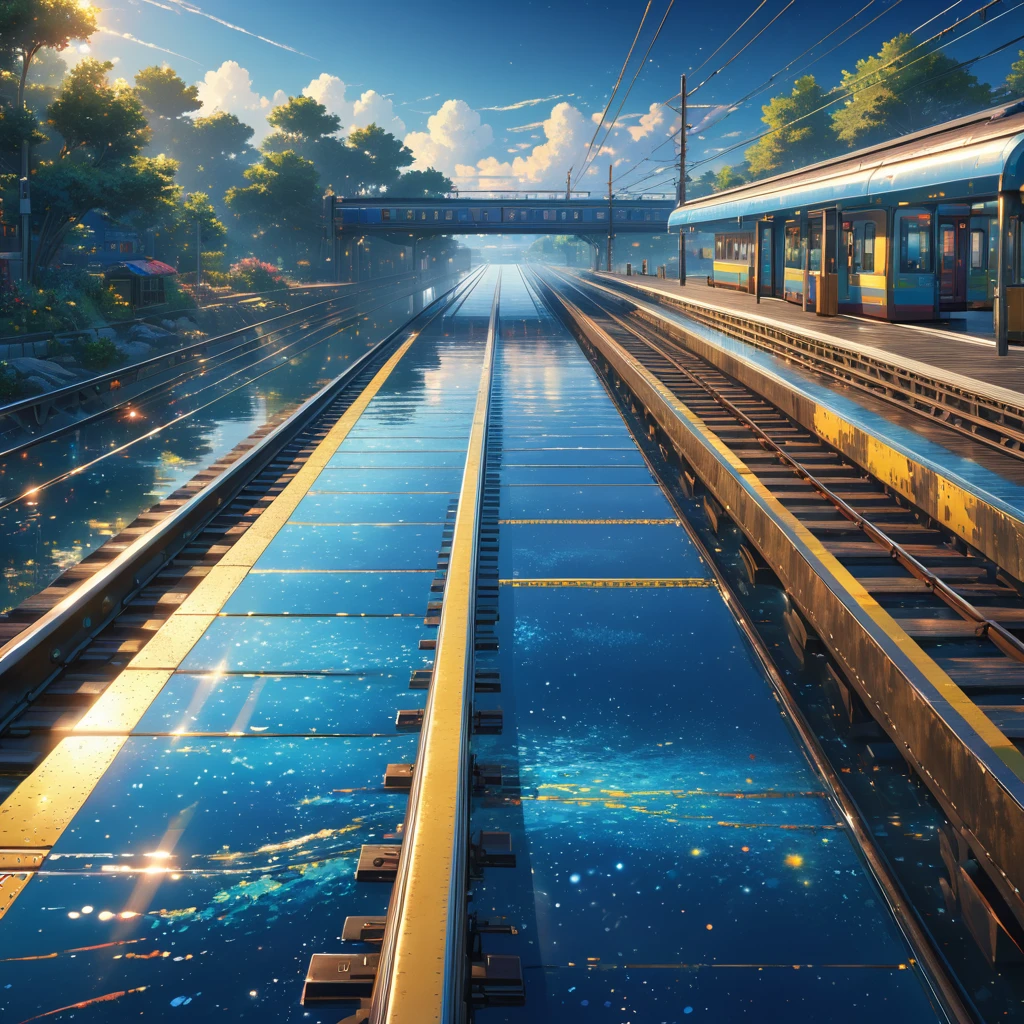 score_9, score_8_upper, score_7_upper,A train running on water,Sunken rail,Small station platform,(((Blue overall color))),summer,horizontal line,Morning Glow,Starry Sky,Streaks of Light,(masterpiece, Highest quality, Highest quality, Official Art, beautifull, beautiful:1.2,Ray Tracing),Very detailed,Blue tones,Very detailed, (Fractal Art:1.3), Most detailed, High resolution, Impressive visuals, (Dynamic Stripes, Light trail:1.2), Vibrant colors ,Detailed Images
