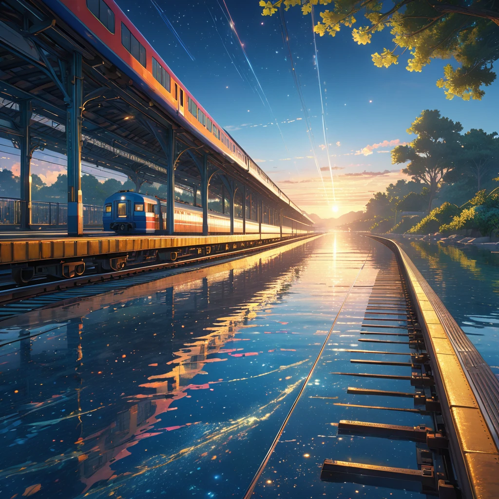 score_9, score_8_upper, score_7_upper,A train running on water,Sunken rail,Small station platform,(((Blue overall color))),summer,horizontal line,Morning Glow,Starry Sky,Streaks of Light,(masterpiece, Highest quality, Highest quality, Official Art, beautifull, beautiful:1.2,Ray Tracing),Very detailed,Blue tones,Very detailed, (Fractal Art:1.3), Most detailed, High resolution, Impressive visuals, (Dynamic Stripes, Light trail:1.2), Vibrant colors ,Detailed Images