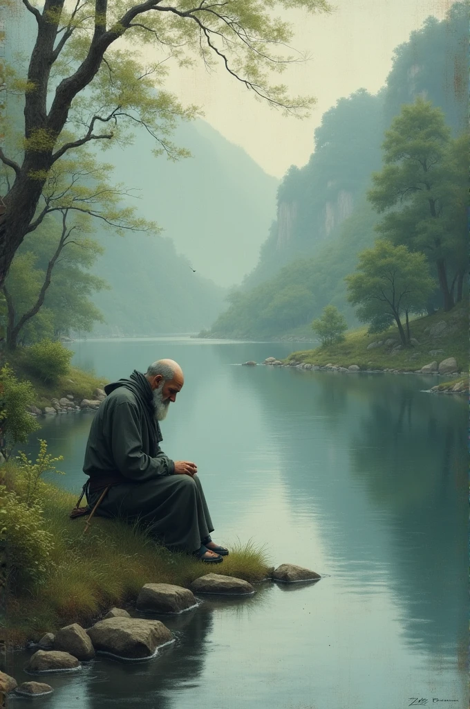 Sad little monk sitting beside river alone