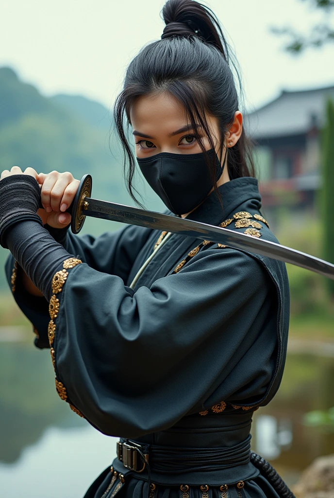 Japan female wear mask with katana behead