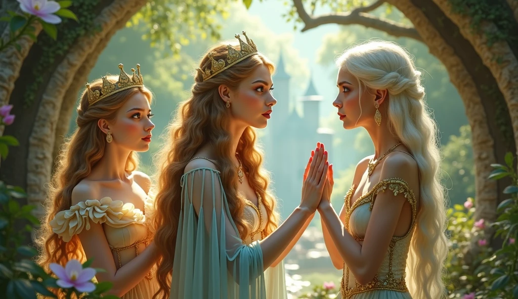 "A full-body shot of a realistic fairytale scene in a magical palace in a beautiful magical forrest, bathed in sunlighting."Beautiful pastel colour pallette." "A fairy queen 1 with realistic striking big blue eyes with eye makeup and a serious, direct gaze at the camera with golden extra long hair." " A Fairy queen 2 with golden-brown long curly hair in a thin light blue dress is standing by clapping her hands, looking at fairy queen1 with staring thorough detaled blue bright eyes and (shocked look with open mouth), perfect shaped pearly white teeth and pursed lips". "Singing fairy princess with a long white hair in a sheer golden wet transparent dress outfit, big breasts, thin waist, big butt, looks provocative with her mouth almost sedusive at fairy queen 2 laughing." Fairy queen 4"doing hand stand with both hands on floor, wearing a thin blue/green dress" "Her gold delicade fairy-crown, is hanging by the ends of her hair""The lighting is natural and bright, highlighting their features and casting a soft glow around their hair, creating a high-contrast effect that emphasizes the subject's presence. " "Elf king is sitting on a royal chair in a elfie chlothes." "A white rapid sits in on a decorative dining table1:1" "while a rainbow colored bird perches on the top of the thin royal thrown". The scene includes a messy fairy queens in a beautiful and magical forrest palace. "The vast environment paints a magical but weird admosphere". # Configuration settings clip_guidance_scale = 20 # High adherence to the detailed prompt, emphasizing facial features hr_scale = 2.0 # High resolution to capture intricate details in the hair and face. hr scale =2.0 # Perfect human female body. Best hands 1:1, super realistic hair 1:1, hyper realistic eyes 1:1, extra detailed delicate moist skin, most detaled and realistic face 1:1. #A realistic stage with thorough details and clear focus on the queens.