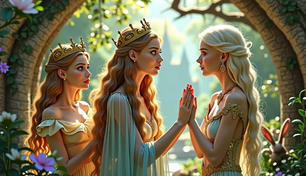"A full-body shot of a realistic fairytale scene in a magical palace in a beautiful magical forrest, bathed in sunlighting."Beautiful pastel colour pallette." "A fairy queen 1 with realistic striking big blue eyes with eye makeup and a serious, direct gaze at the camera with golden extra long hair." " A Fairy queen 2 with golden-brown long curly hair in a thin light blue dress is standing by clapping her hands, looking at fairy queen1 with staring thorough detaled blue bright eyes and (shocked look with open mouth), perfect shaped pearly white teeth and pursed lips". "Singing fairy princess with a long white hair in a sheer golden wet transparent dress outfit, big breasts, thin waist, big butt, looks provocative with her mouth almost sedusive at fairy queen 2 laughing." Fairy queen 4"doing hand stand with both hands on floor, wearing a thin blue/green dress" "Her gold delicade fairy-crown, is hanging by the ends of her hair""The lighting is natural and bright, highlighting their features and casting a soft glow around their hair, creating a high-contrast effect that emphasizes the subject's presence. " "Elf king is sitting on a royal chair in a elfie chlothes." "A white rapid sits in on a decorative dining table1:1" "while a rainbow colored bird perches on the top of the thin royal thrown". The scene includes a messy fairy queens in a beautiful and magical forrest palace. "The vast environment paints a magical but weird admosphere". # Configuration settings clip_guidance_scale = 20 # High adherence to the detailed prompt, emphasizing facial features hr_scale = 2.0 # High resolution to capture intricate details in the hair and face. hr scale =2.0 # Perfect human female body. Best hands 1:1, super realistic hair 1:1, hyper realistic eyes 1:1, extra detailed delicate moist skin, most detaled and realistic face 1:1. #A realistic stage with thorough details and clear focus on the queens.
