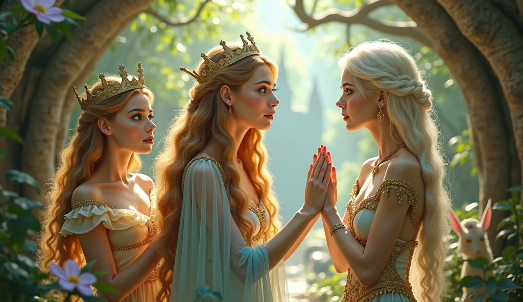 "A full-body shot of a realistic fairytale scene in a magical palace in a beautiful magical forrest, bathed in sunlighting."Beautiful pastel colour pallette." "A fairy queen 1 with realistic striking big blue eyes with eye makeup and a serious, direct gaze at the camera with golden extra long hair." " A Fairy queen 2 with golden-brown long curly hair in a thin light blue dress is standing by clapping her hands, looking at fairy queen1 with staring thorough detaled blue bright eyes and (shocked look with open mouth), perfect shaped pearly white teeth and pursed lips". "Singing fairy princess with a long white hair in a sheer golden wet transparent dress outfit, big breasts, thin waist, big butt, looks provocative with her mouth almost sedusive at fairy queen 2 laughing." Fairy queen 4"doing hand stand with both hands on floor, wearing a thin blue/green dress" "Her gold delicade fairy-crown, is hanging by the ends of her hair""The lighting is natural and bright, highlighting their features and casting a soft glow around their hair, creating a high-contrast effect that emphasizes the subject's presence. " "Elf king is sitting on a royal chair in a elfie chlothes." "A white rapid sits in on a decorative dining table1:1" "while a rainbow colored bird perches on the top of the thin royal thrown". The scene includes a messy fairy queens in a beautiful and magical forrest palace. "The vast environment paints a magical but weird admosphere". # Configuration settings clip_guidance_scale = 20 # High adherence to the detailed prompt, emphasizing facial features hr_scale = 2.0 # High resolution to capture intricate details in the hair and face. hr scale =2.0 # Perfect human female body. Best hands 1:1, super realistic hair 1:1, hyper realistic eyes 1:1, extra detailed delicate moist skin, most detaled and realistic face 1:1. #A realistic stage with thorough details and clear focus on the queens.