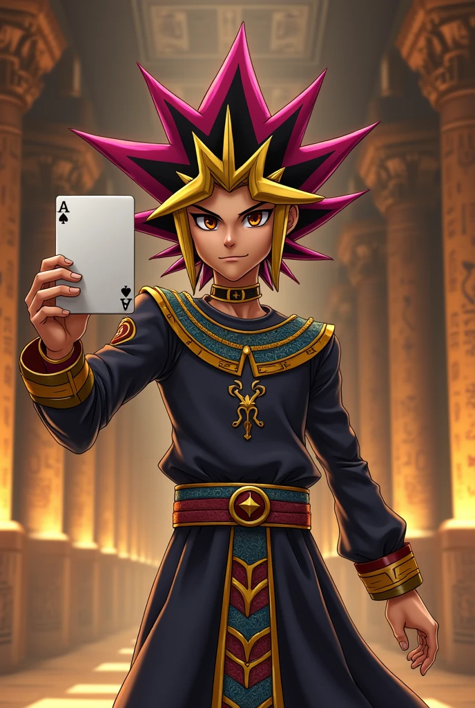 Yugi character in Egyptian outfit holding up a blank card in the center with a new game theme