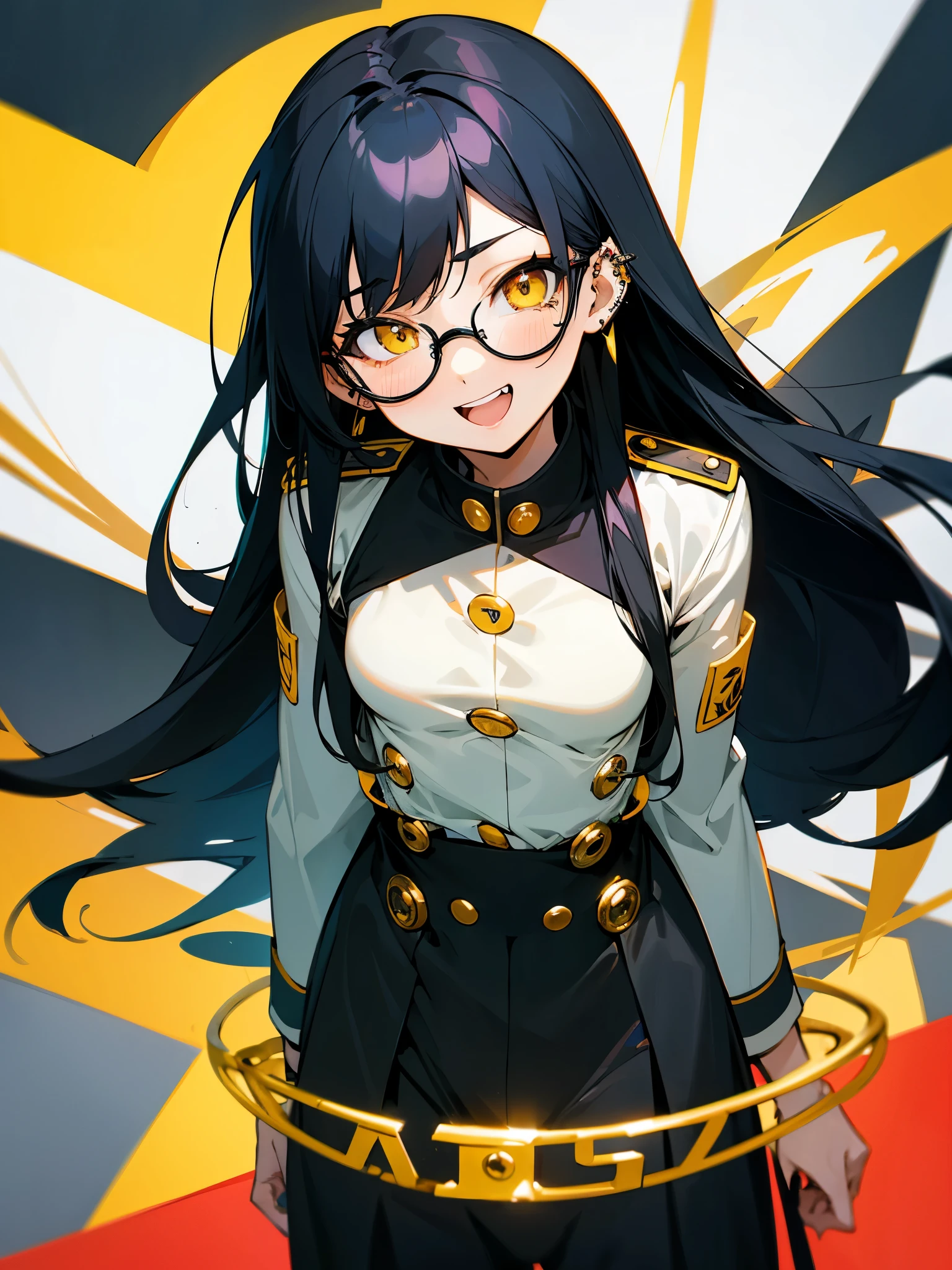 Long Hair、Beautiful girl with black hair and glasses、uniform、Baby Face、Small breasts、Anime Style、cool、Piercing in one ear、Confused eyes、Yellow Eyes、Participating in a quiz competition、Grinning、Double teeth