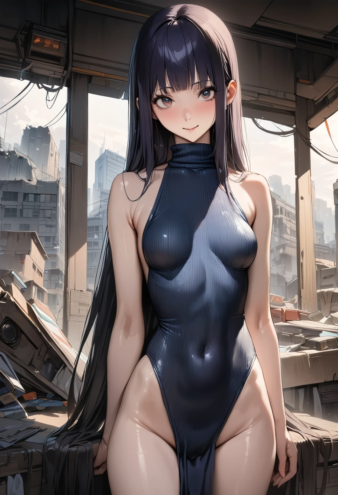 ((masterpiece,best quality anime,Highest quality:1.3)),realistic,cowboy shot,1woman,独奏,(30 year old beauty),((very small head:1.4)),((very long body:1.4)),(dark blue hair),straight long hair,(gorgeous big eyes),black eyes,smile,((slender body:1.4,skinny)),medium breasts,dark blue turtleneck sleeveless,leotard,(Eye protection glasses),oily skin:1.2,gleaming skin,shiny skin, on road、holding gun,submachine gun、Collapsed Buildings、Cyberpunk World、