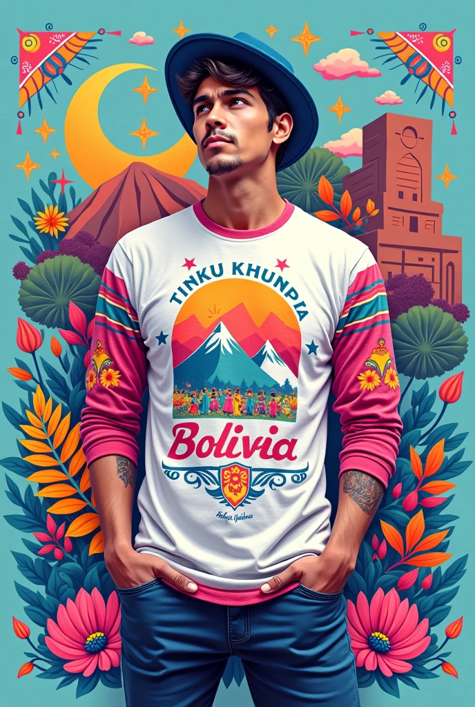 A long-sleeved T-shirt with a white base color and adding the Fuchsia color, Orange and Electric Blue that says Tinku Khunpa small on the right side and that have things that represent Bolivia