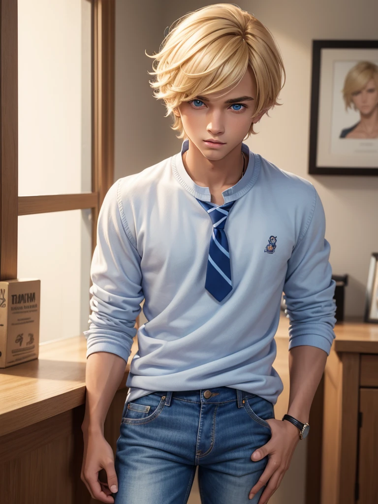 (best quality), 1boy, male, tanned skin, blonde hair, medium hair, side bangs, beautiful hairstyle, blue eyes, perfect eyes, cute face, pullover over shirt, shirt with tie, jeans, skinny body, pout, boyish, femboy, masterpiece, anatomically correct, highres