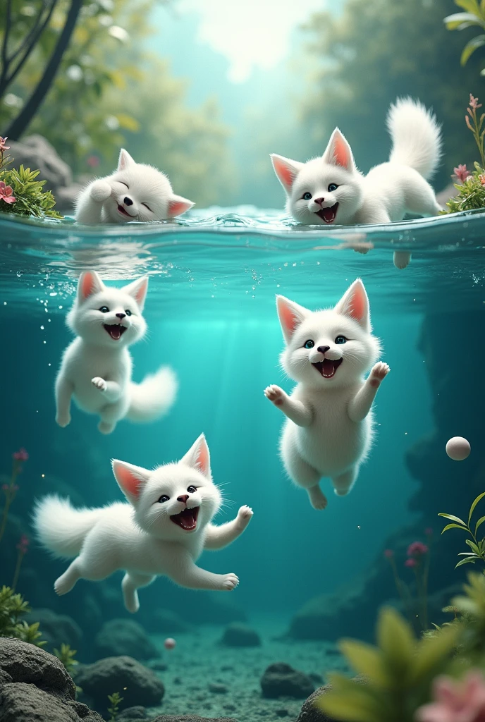 a white fox diving in a lake,swimming with other foxes,playing and laughing in the water,cute and realistic style,(best quality,4k,8k,highres,masterpiece:1.2),ultra-detailed,(realistic,photorealistic,photo-realistic:1.37),detailed underwater scene,underwater wildlife,crystal clear water,shimmering water surface,sunlight reflecting on the water,dynamic motion,expressive animal poses,fluffy white fur,detailed facial features,large curious eyes,small pink nose,open smiling mouth,joyful expressions,natural environment,lush greenery surrounding the lake,rocks and plants underwater