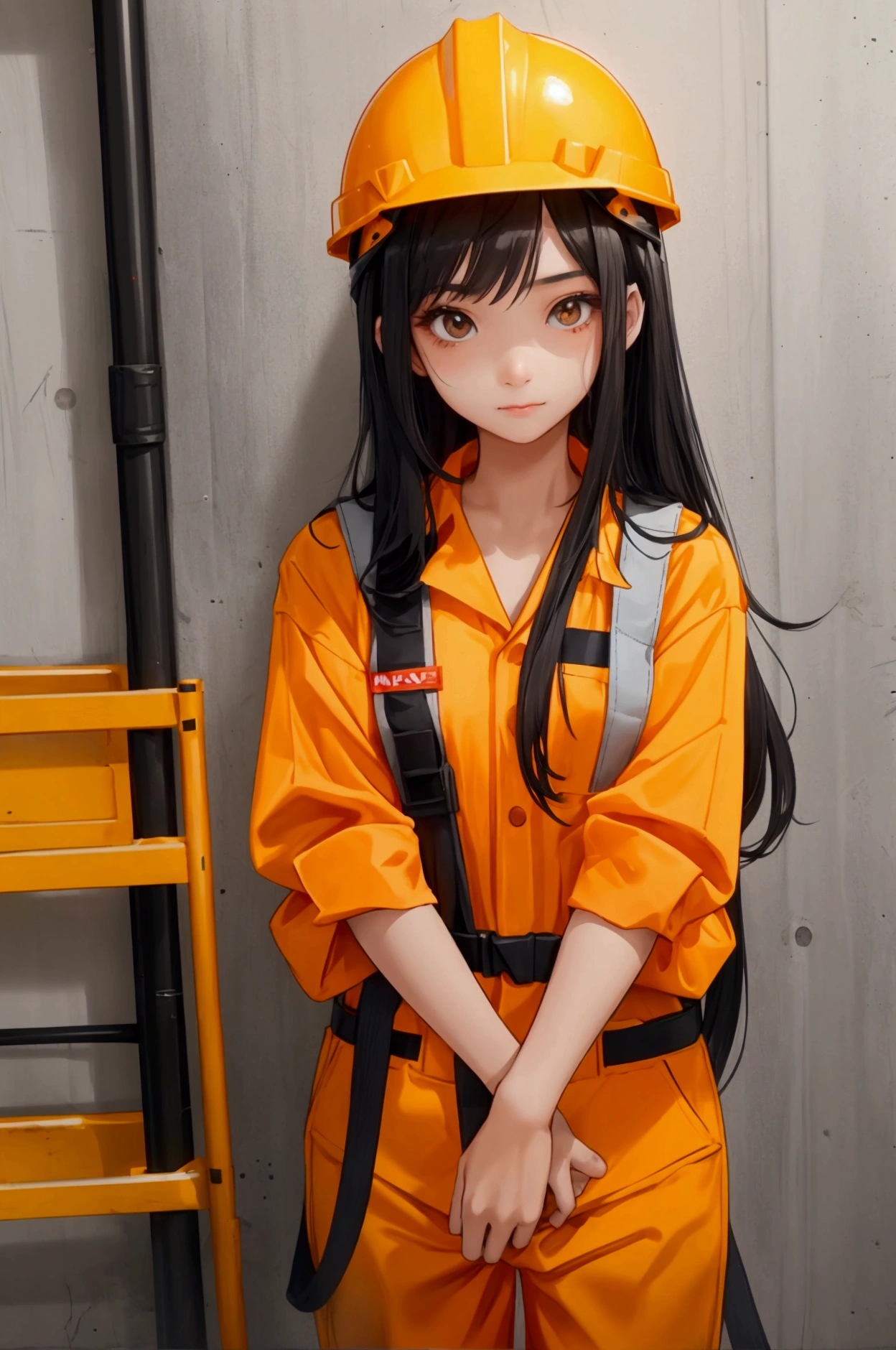Teenage Asian girl with long black hair. Wearing orange construction worker outfit and yellow construction helmet. Shy facial expression.