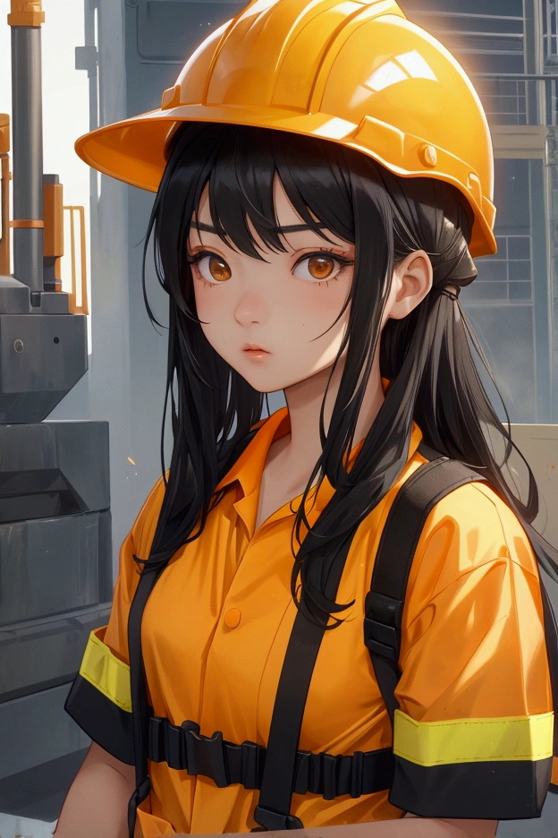 Teenage Asian girl with long black hair. Wearing orange construction worker outfit and yellow construction helmet. Shy facial expression.