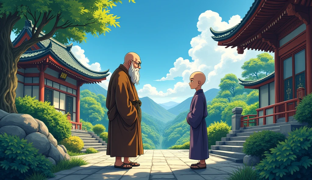 Bald fat monk sensei, Bald monk desciple, talking to each other, surrounded by temples, trees, beautiful scenario, in anime style, colourful, details, standing,