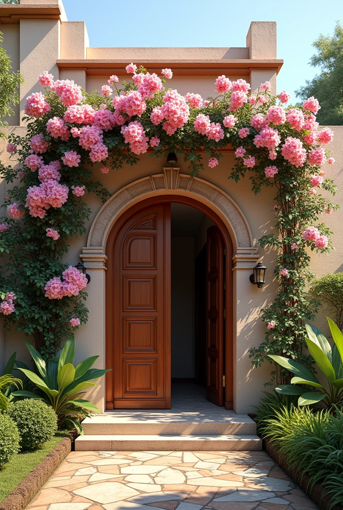 Corner house designs with whide door with voganvillea plants pink and white flowers and back side garden area with door and contain boundery indian