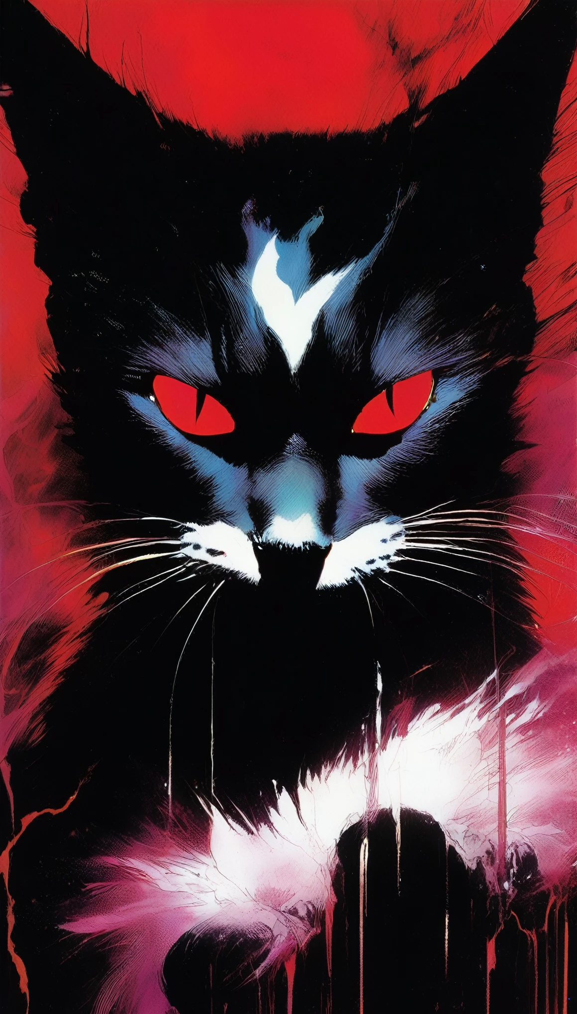 Satan Cat (Bill Sienkiewicz&#39;artistic inspiration). painting,(Thick oil texture，Giant silhouette of Satan behind the cat，Glowing Inverted Cross Pendant:1.8),roar