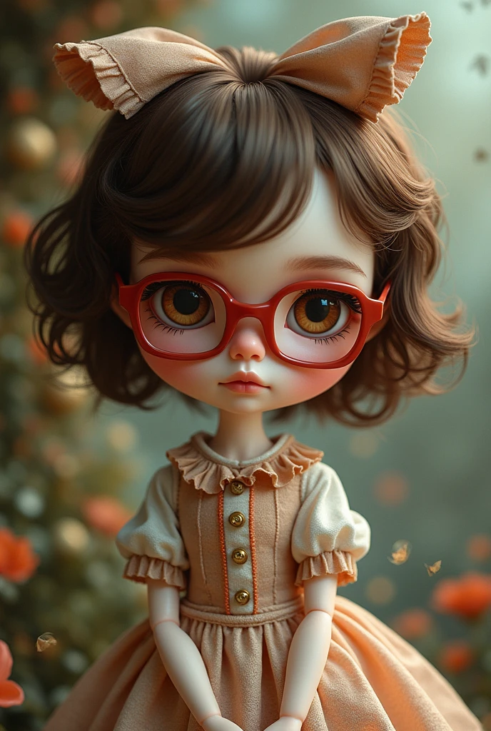 blythe doll with short layered brown hair, side bangs, brown eyes, square red glasses, mejastic