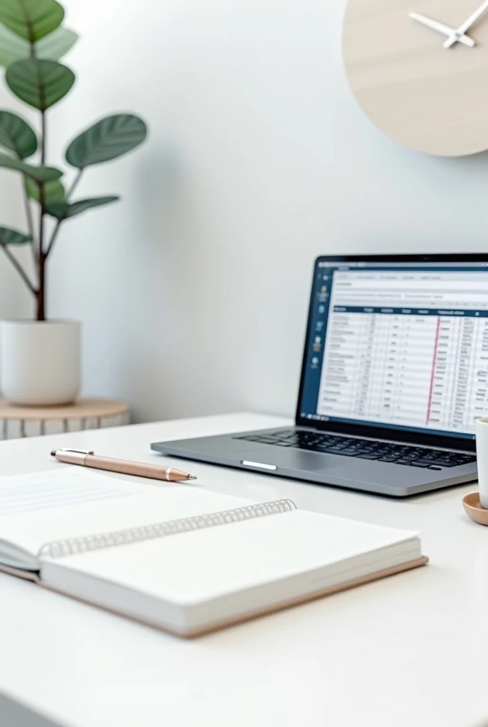 A pen, notebook and a laptop showing progress in a table