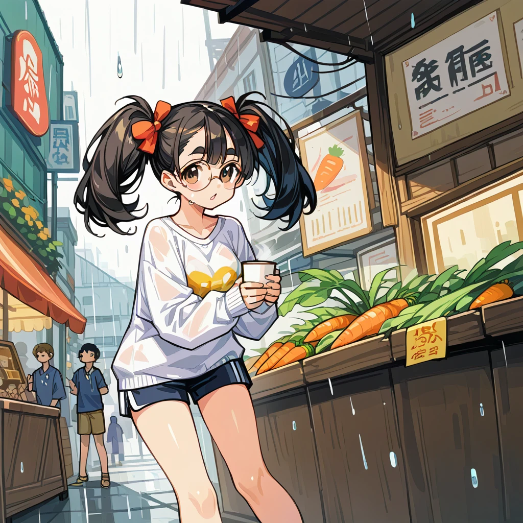 Create a highly detailed and refined pixel art scene inspired by bishoujo (beautiful girl) games, featuring two characters, Xuanxuan and Xiaohong, standing together in the rain.
• Xuanxuan: A young woman around 20 years old with light brown curly twin tails, large round glasses, and wearing a sweater. She is standing on the left side, slightly leaning forward, with a warm, joyful expression. Xuanxuan is reaching out with one hand, as if interacting or gesturing towards Xiaohong. The rain has soaked her sweater, making it cling to her body, while her hair is also wet and sticking to her face.
• Xiaohong: A cute girl with a shoulder-length bob haircut, black hair, slightly coffee-colored skin, thick eyebrows, and a visible snaggletooth. She is standing on the right side, slightly shorter than Xuanxuan. Xiaohong is wearing her 3XL-sized T-shirt with a carrot print, which reaches down to her knees and is slightly transparent due to the rain, covering her shorts. She has a calm, slightly melancholic expression, and is looking directly at Xuanxuan. Her hands are down by her sides, and her wet clothes cling to her body.
Background: The scene is set in an outdoor area with a rainy atmosphere, possibly a terrace or a street, with rainwater visibly falling. The background should create a fresh and intimate ambiance, complementing the interaction between Xuanxuan and Xiaohong.
