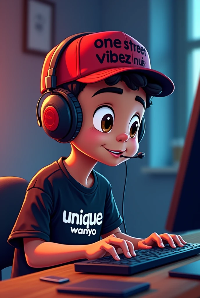 A young age boy cartoon sitting down sideways facing his computer in his studio wearing a black shirt with a name written on his shirt written Unique Wanyo and a red heat with a headphone and a scarlet microphone and on his hat with a name written One Street Vibez Music