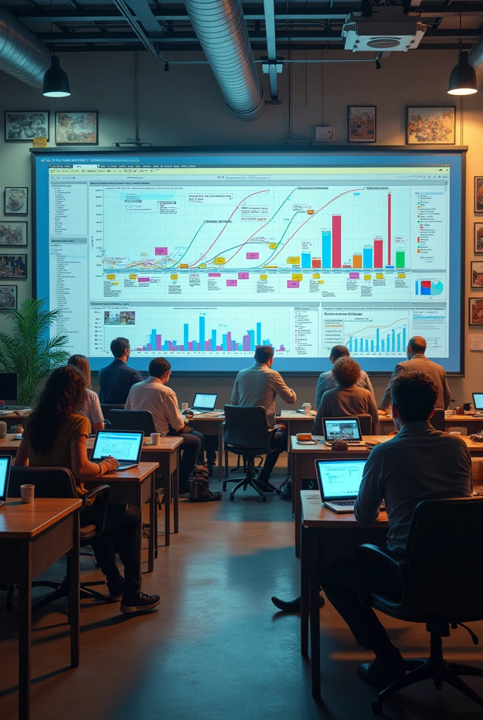 Imagine a scene in a vibrant academic environment, where American anthropologists are discussing feverishly in a modern room, full of pictures and maps on the walls. They are surrounded by research materials, such as photos of different cultures and graphs showing changes over time. In contrast to the more traditional European approach, represented by old, dusty books piled in a corner, Americans are hunched over laptops and tablets, analyzing dynamic data and trends.
In the center of the room, a large screen projects a timeline that unfolds in several directions, symbolizing the diverse trajectories of cultural change. Instead of a straight, predictable line, the line is flexible and branched, with arrows indicating different paths of cultural evolution. Some of the anthropologists are marking specific cultural events with colored post-its, that can be moved and rearranged as new information emerges.
The anthropologists' expressions are of curiosity and determination. Ao fundo, a subtle representation of an intellectual fight can be seen in the form of silhouettes arguing heatedly, symbolizing the “treta” between the approaches. The overall environment conveys a sense of continuous movement and adaptation, reflecting the practical and dynamic approach of Americans to understanding cultural changes.