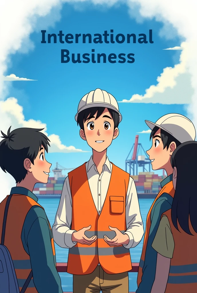 Hello, I want a picture of a cute international businessman, young, Happy and smiling,with big eyes and short hair, Studio Ghibli themed. In the background there is a blue circular watercolor with clouds, the port in the background and a text above that says International business. More animated in Ghibli drawing format and with an orange safety vest and white helmet, and he is talking to 5 of his coworkers at the port