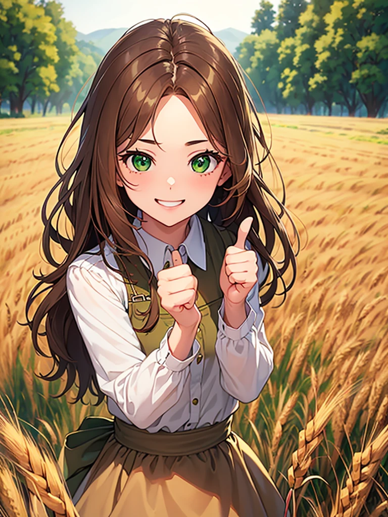 ((Highest quality)), ((masterpiece)), (detailed)、A girl with brown hair and green eyes is showing her thumbs up confidently々laughing at、The background is a wheat field、Perfect body