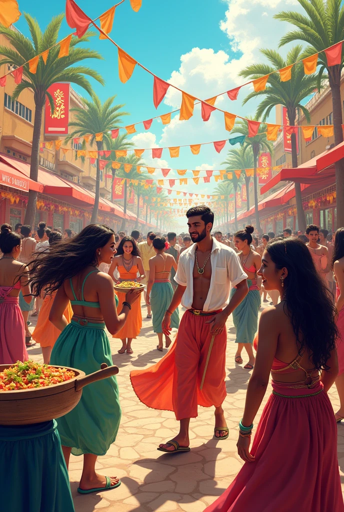 A vibrant festival where people from different cultures celebrate with music, dance and typical food. cheered up