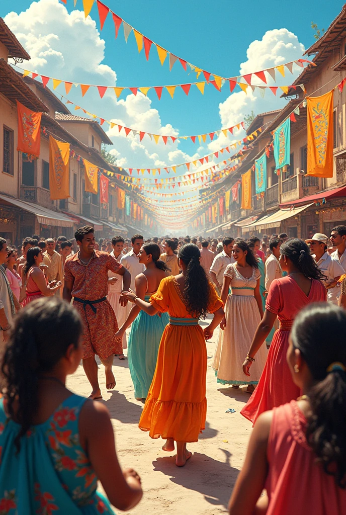 A vibrant festival where people from different cultures celebrate with music, dance and typical food. cheered up