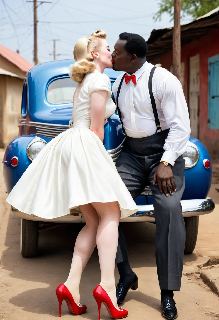 masterpiece, small size head, pinup, Stunning Blonde lady, pale skin, blue eyes,1940s hairstyle, stunning, smile,wearing white royal dress, she wear black stockings ,red stilettos , she wear diamond jewels,thick calves, thick legs , big ass. She is kissing an african homeless man in an african poor Town.