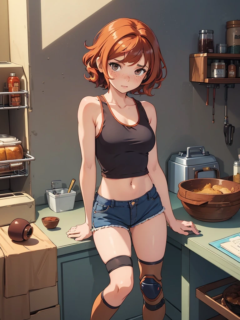 (masterpiece), (best quality), ((one girl)) copper red hair,(brown eyes),short hair, curly hair, anime style, freckles, (small breast), (petite figure), (blue tank top),(black shorts) , (knee pads on 2 legs leg),legs, (desert background))