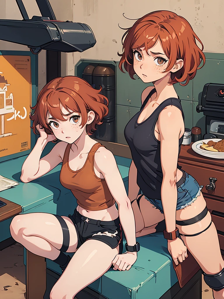 (masterpiece), (best quality), ((one girl)) copper red hair,(brown eyes),short hair, curly hair, anime style, freckles, (small breast), (petite figure), (blue tank top),(black shorts) , (knee pads on 2 legs leg),legs, (desert background))