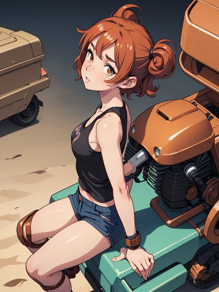 (masterpiece), (best quality), ((one girl)) copper red hair,(brown eyes),short hair, curly hair, anime style, freckles, (small breast), (petite figure), (blue tank top),(black shorts) , (knee pads on 2 legs leg),legs, (desert background))