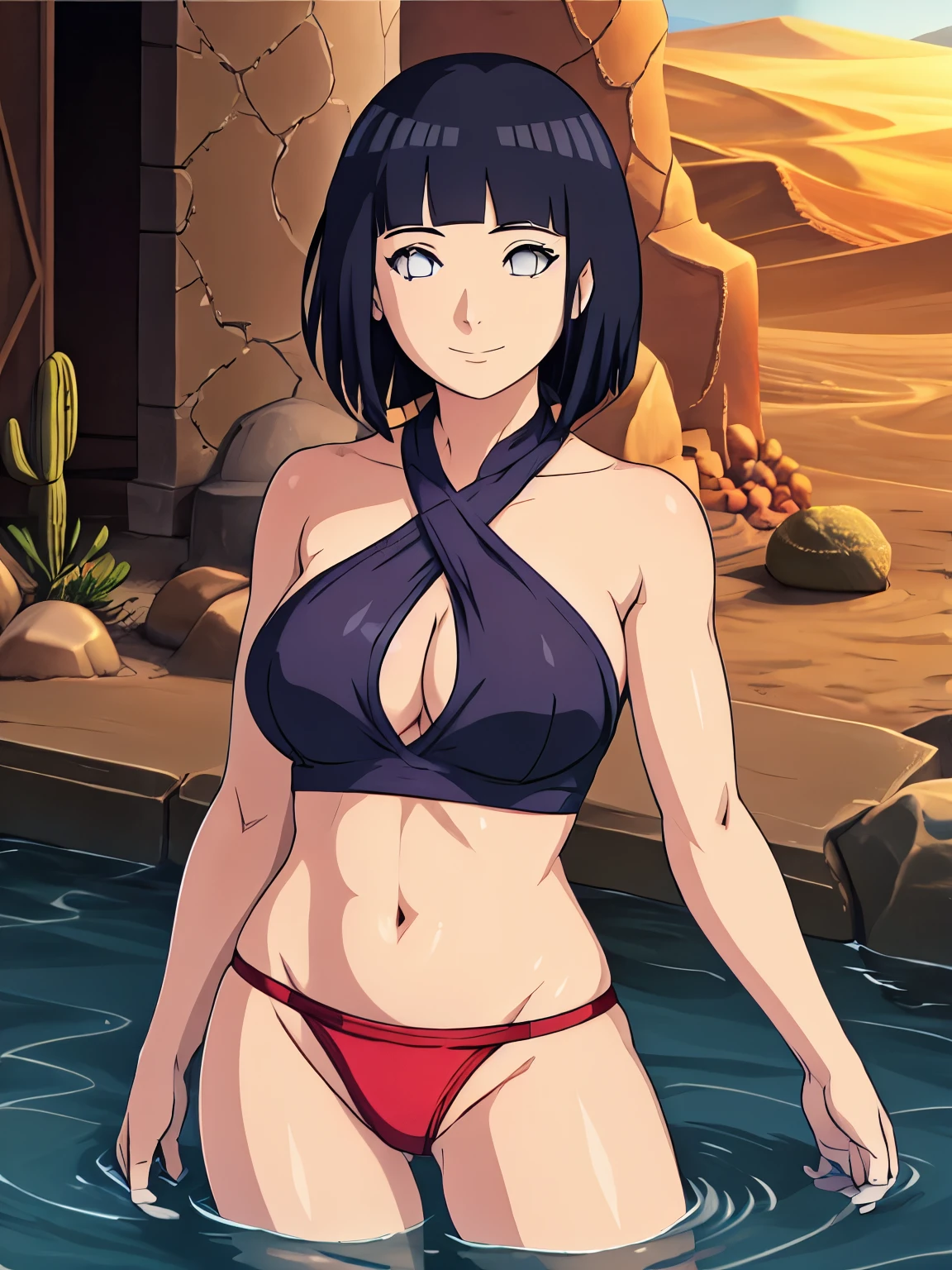 (hinata\(boruto\), (high quality:1.8), upper body:1.5, (curvy body:1.5), (ultra detailed body:1.4), (desert:1.7), (desert:1.7), (anime, tall woman, cowboy shot, (defined biceps arms:1.2), (legs submerged:1.2), ((red thong, bare arms, bare arms, bare shoulders)), (red halter top:1.4), (wide shoulders, off-shoulders), smile), (big breasts:1.1) ,(cleavage:0.8), closed mouth), ((pale skin)). ((dark blue:1.3, short hair, hime cut، loose hair, floating hair, floating hair:1.0),