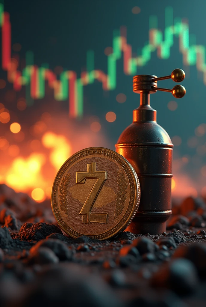 An image of a bomb next to a coin that says "7" and behind them a bullish chart with lots of flashes and epicness. It is a single coin with a "7" that is standing, Also the bomb has the number "7" cut off. THE BOMB AND THE COIN ARE BIG, And they look epic. THE BOMB IS ABOUT TO EXPLODE