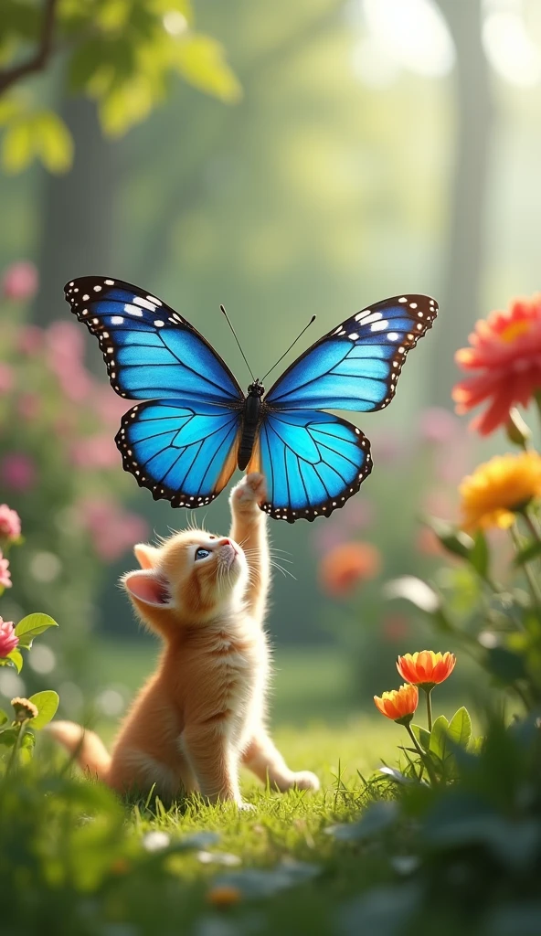 blue sky white clouds kitten playing with butterflies on the lawn in the garden high definition photo real beautiful
