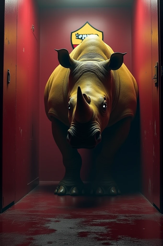 There is a big dark yellow and scarya rhinoceros in the dark red room. And the floor is wet. And there is ac roma football club's logo on the wall