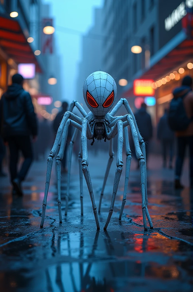 A white spider and neon blue ligh and red eyes and on to street and walk many people