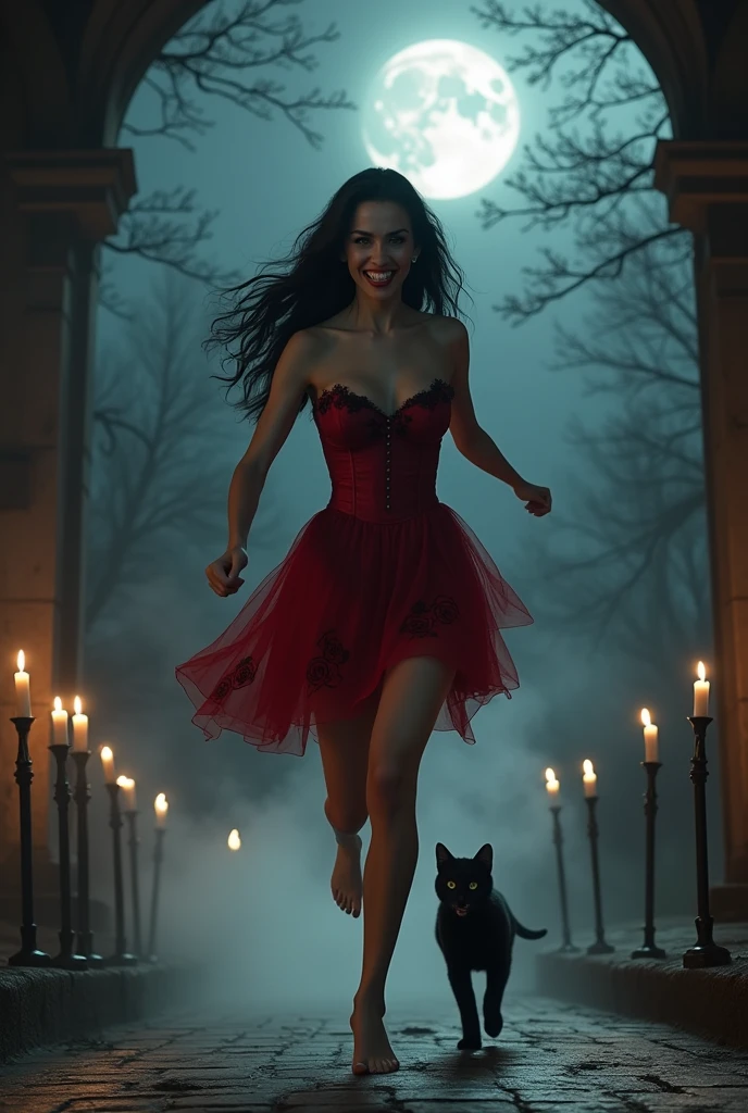 create a realistic photo of a tall woman, Caucasian skin, dressed in a red dress and black roses embroidered around spinning, long wavy black hair, Big black eyes, thin and delicate face, also wearing a red corset, barefoot, standing, Grinning, with visible teeth, angry frown , on a full moon night background in the dark medieval cemetery with black candles on the floor lit. she is in motion as if she is running and running and, and a black cat accompanying her. white fog around, and a macumba in front on the side. mysterious look.