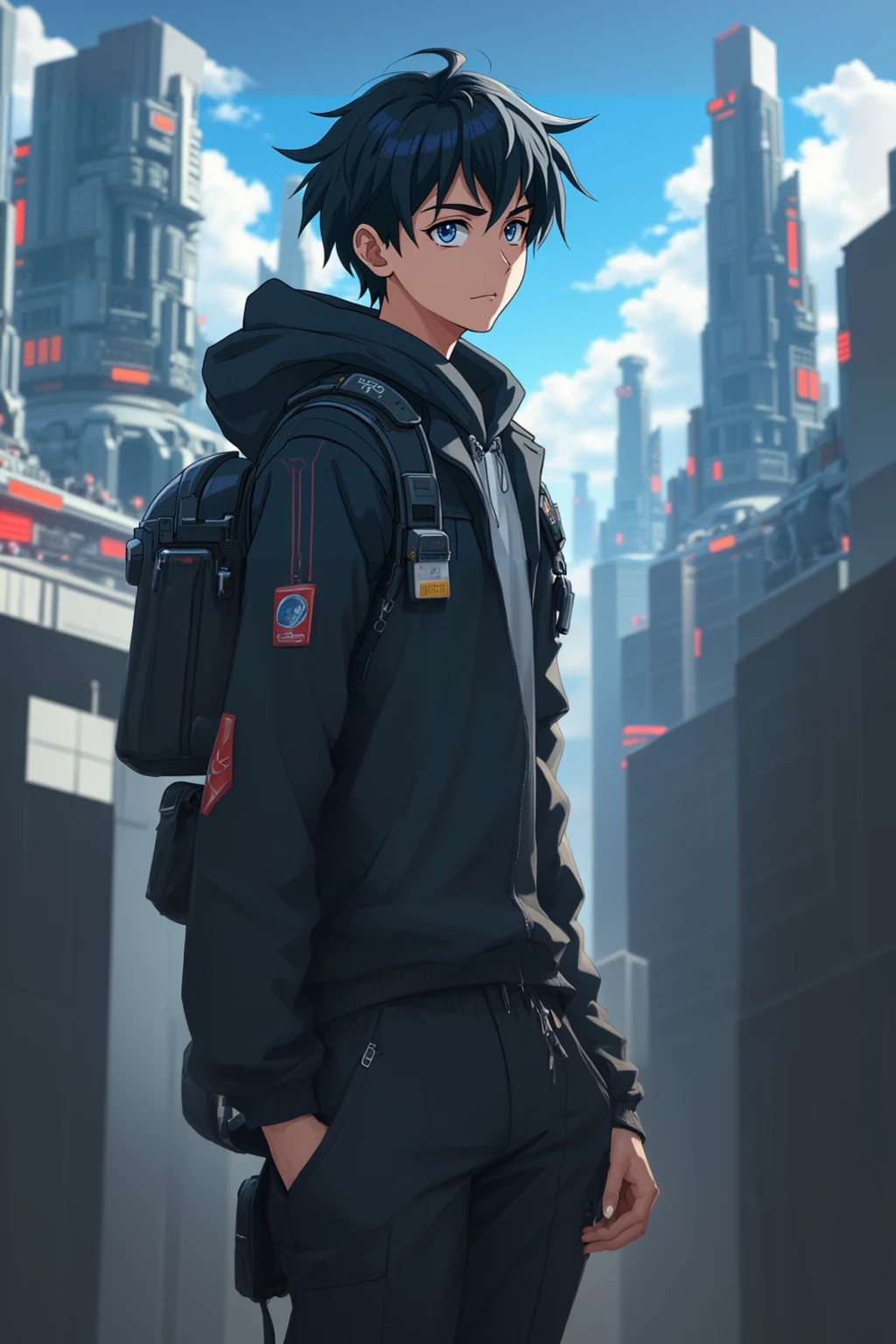 masterpiece, 1 chico, standing, modern pants, hand in pocket, futuristic city