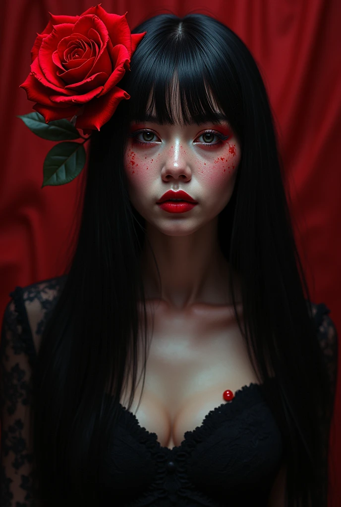 Make an image of Maria Padilha of the souls, using red and black, with a rose in her straight black hair
