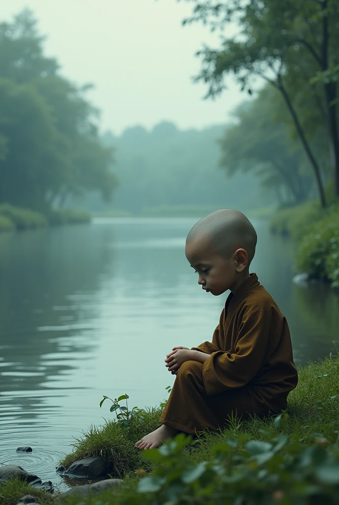 Sad little baby monk sitting beside river alone