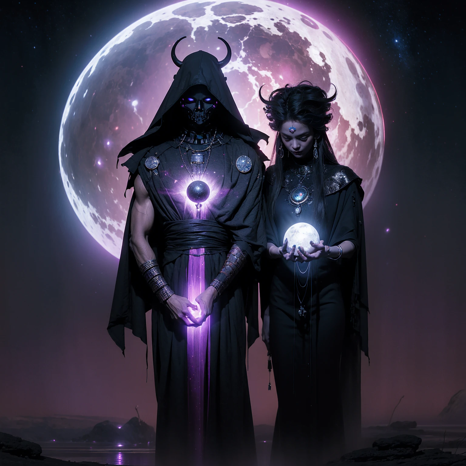 Create a highly detailed and atmospheric digital painting of a cosmic dark entity meditating in a lotus position on the surface of a barren planet. The entity has a shadowy, featureless face and a muscular humanoid body covered in dark organic tendrils that appear to flow and twist around it.. A bright red crystal is embedded in his chest, pulsating with dark energy. Above the head of the entity, A spinning purple and black cosmic vortex with a glowing mystical orb at its center radiates power, Shedding an ethereal light. The background features a vast star-filled galaxy with purple nebulas and distant cosmic phenomena., creating a sense of infinite space and power. The lighting is dark and sinister, and the main sources of light are the glowing red crystal and the mystical orb. The overall color palette is dominated by deep purples., black and touches of red, evoking a sense of cosmic mystery and power.