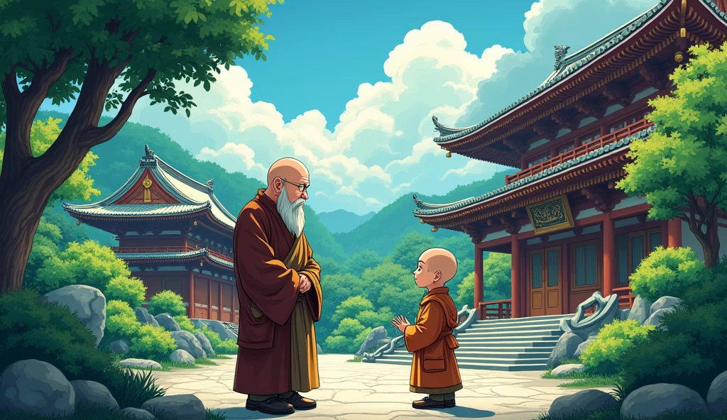 Bald fat monk sensei, Bald monk desciple, talking to each other, surrounded by temples, trees, beautiful scenario, in anime style, colourful, details, standing,