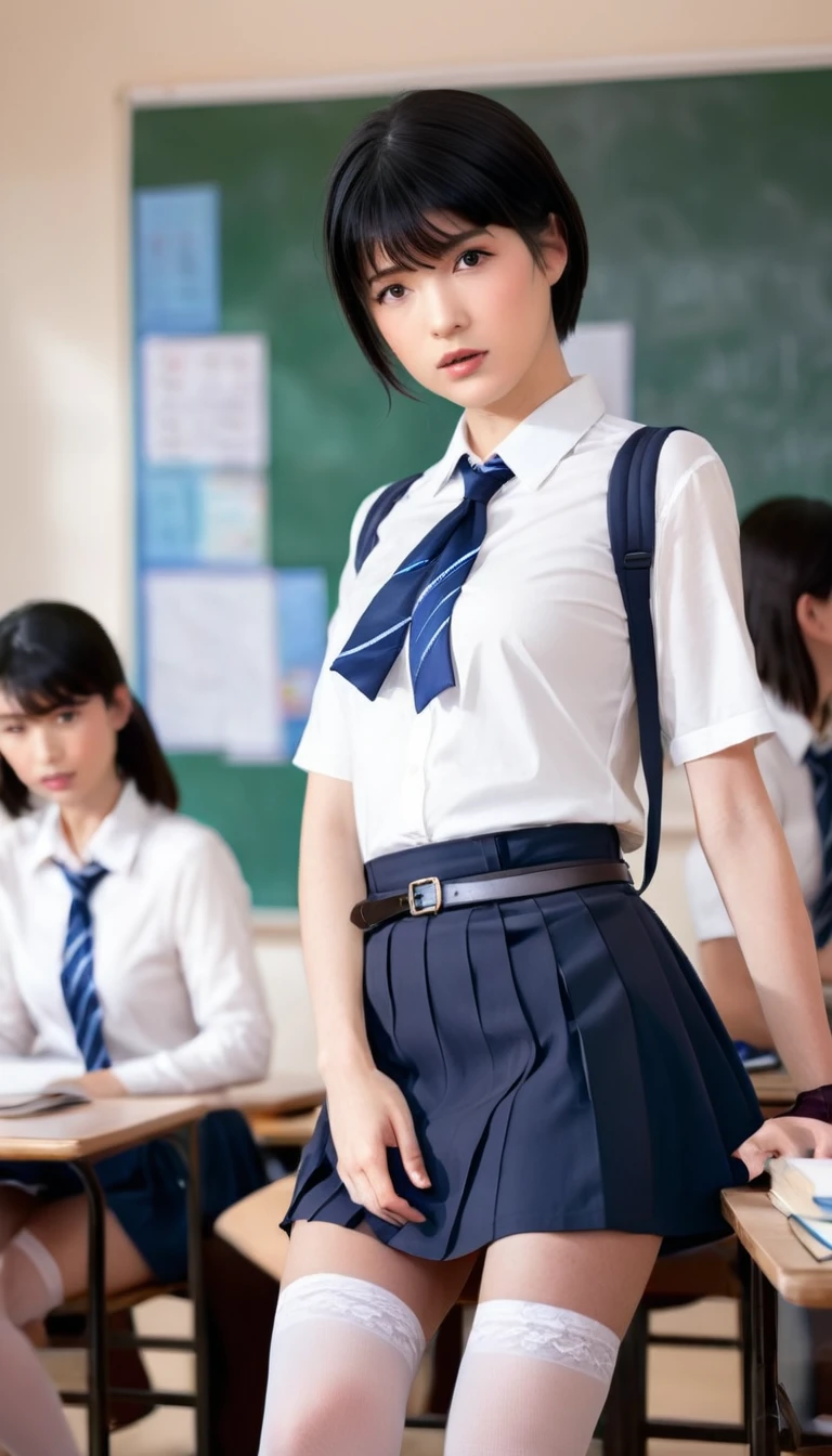Contrast 4K,Extra Fine Work, Very good quality, Detailed light and shadow, background, classroom, black short hair, black eyes, white shirt, Dark blue skirt, Black belt, White knee-high stockings, Backpack, Tie a blue bow