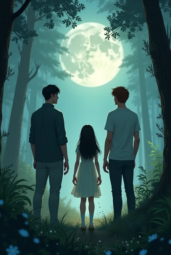 A girl between two men, One with short black hair without a beard and the other with short brown hair without a beard , big moon behind them, forest around