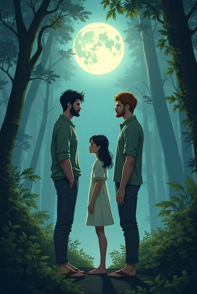 A girl between two men, One with short black hair without a beard and the other with short brown hair without a beard , big moon behind them, forest around