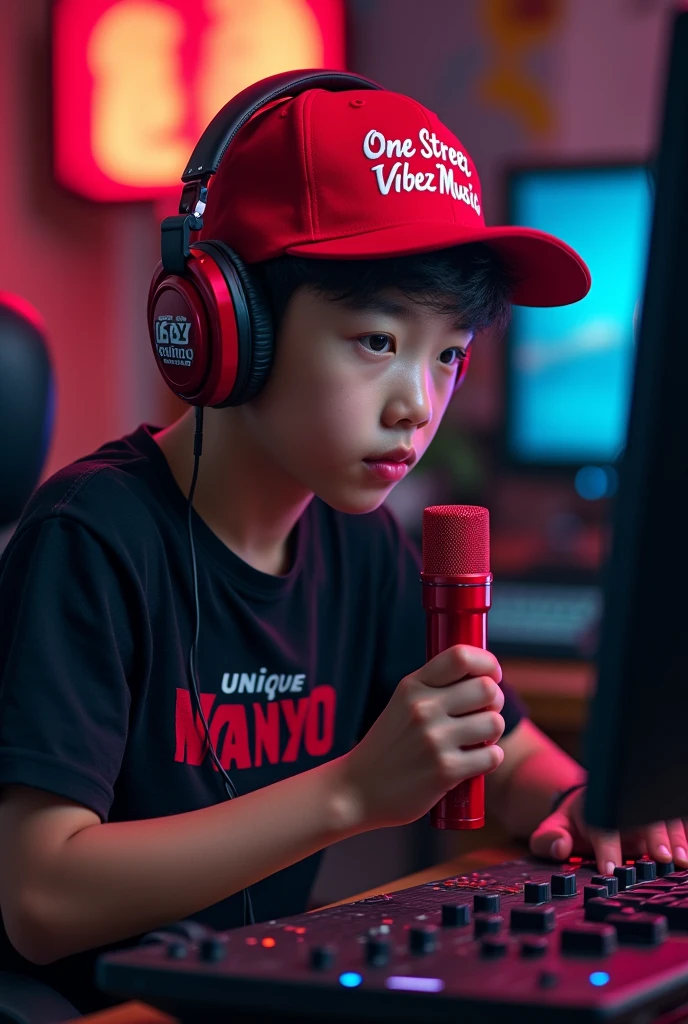 A young age boy sitting down sideways facing his computer in his studio wearing a black shirt with a name written on his shirt written Unique Wanyo and a red heat with a headphone and a scarlet microphone and on his hat with a name written One Street Vibez Music