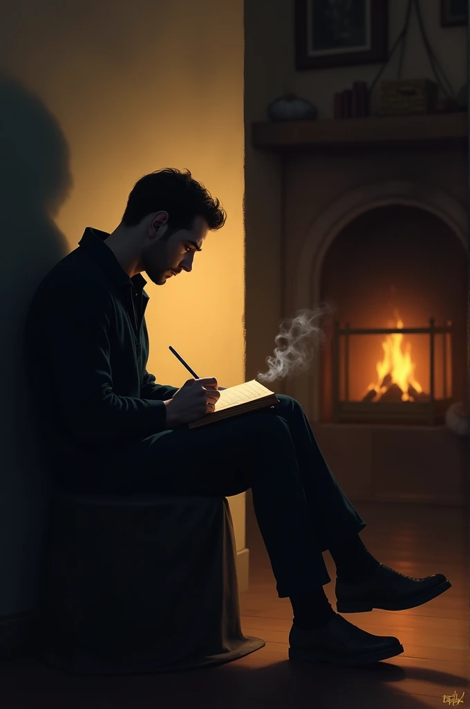 Shadow of a man smoking, with legs crossed and writing in a book