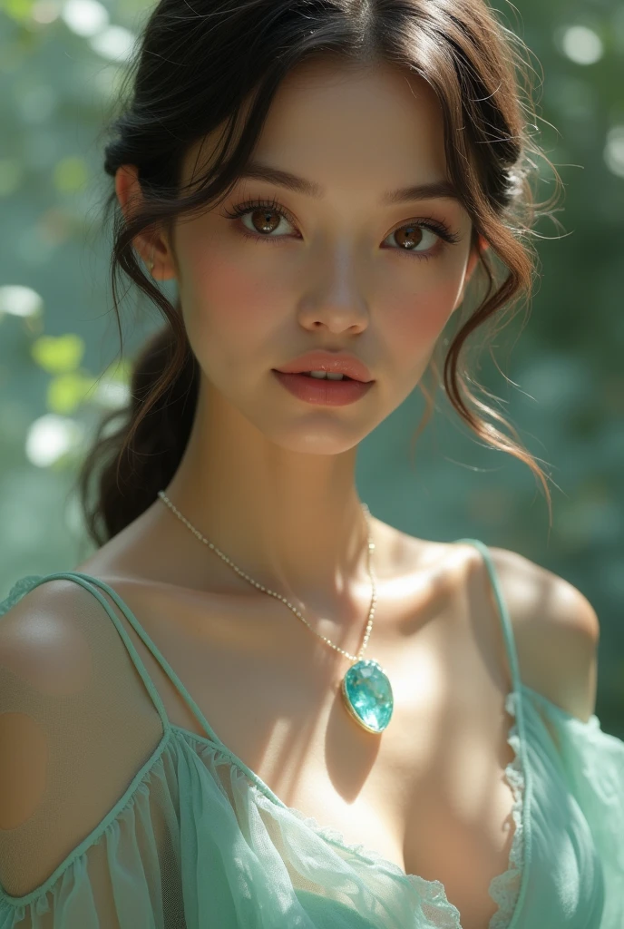 Delicate woman wearing a natural aquamarine stone pendant