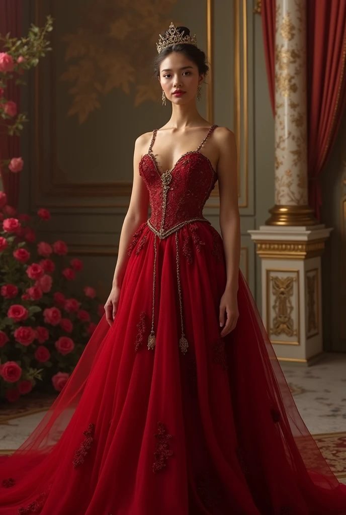 The beautiful ballet queen with long veal red dress with king