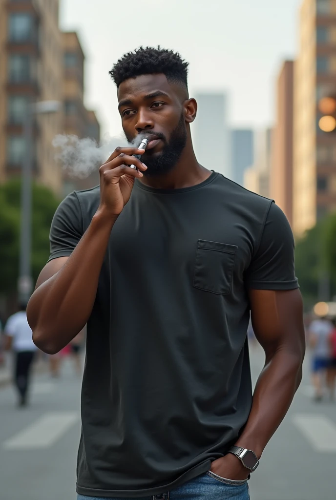 Young black man smoking an electronic cigarette